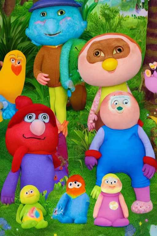 Prompt: in the night garden tombliboos as old people high resolution