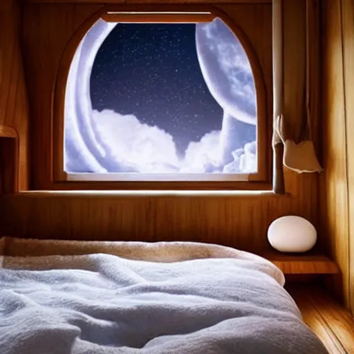 Image similar to Cozy bedroom aboard a flying ship window looks on moonlit clouds and stars, soft bed blankets wood paneling hyperrealism