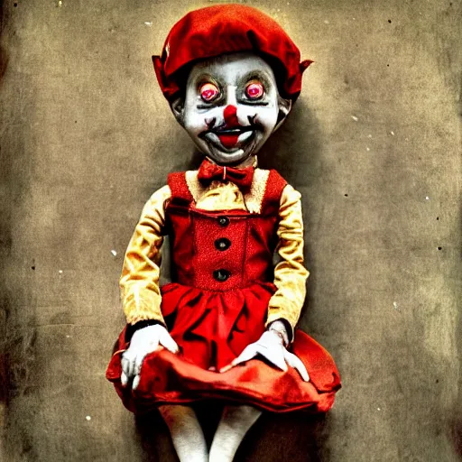 Image similar to clown ventriloquist doll smiling, ventriloquist dummy, photo, surrealistic, creepy, dark, epic, cinematic, style of atget, detailed