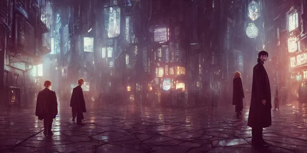 Image similar to a dreamy film still of Harry Potter in the movie Bladerunner, Moebius, Greg Rutkowski, Zabrocki, Karlkka, Jayison Devadas, Phuoc Quan, trending on Artstation, 8K, ultra wide angle, zenith view, cyberpunk pincushion lens effect