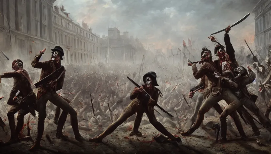 Prompt: Zombie attack during the French Revolution in 1789, hyperdetailed, artstation, cgsociety, 8k