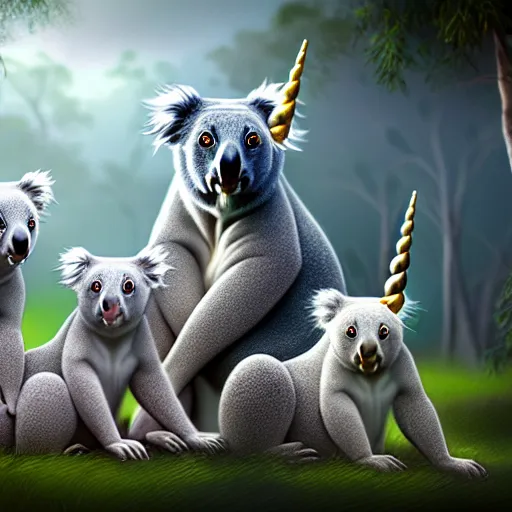 Prompt: A family portrait of unicorns and koalas, hyperdetailed, artstation, cgsociety, 8k