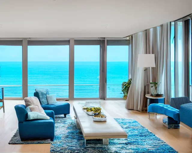 Image similar to A modern living room in a ocean hues style, ocean view, calm, relaxed style, harmony, wide angle shot, 8k resolution