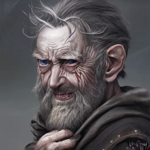 Prompt: a detailed matte head - on portrait painting of an ugly old hobbit man, with a large scar and missing teeth portrait by charlie bowater, lise deharme, wlop, tending on arstation, dungeons and dragon, dnd, pathfinder, fanart, oil on canvas