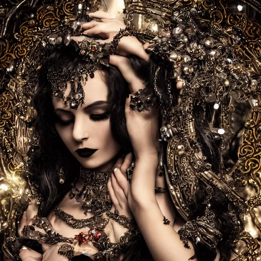 Prompt: stunning Gothic goddess of jewels beauty, dark and mysterious, atmospheric, ominous, eerie, cinematic, Epic, 8k, 4k, ultra detail, ultra realistic, rendered by awesomeness