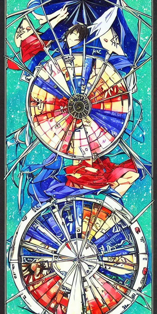 Image similar to Wheel of Fortune tarot card by a famous anime artist. clean, sharp lines,