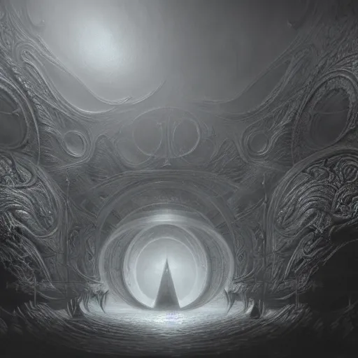 Image similar to Vicariously!!! I, live while the whole world dies, ultra realist soft painting of the world of Lovecraft Elden Ring and Giger, very intricate details, ultra dense fog, golden ratio, volumetric black and white lighting, reflections, refractions, symmetry accurate, octane render