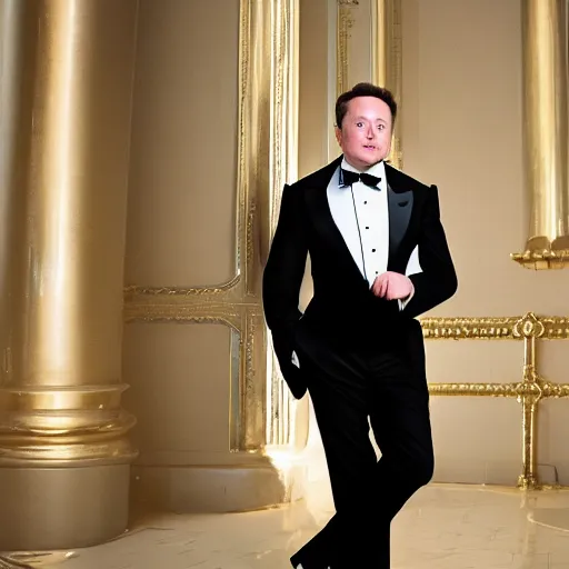 Image similar to 4 k highly detailed portrait 3 / 4 photography by elon musk wearing a tuxedo and top hat smiling happy and satisfied