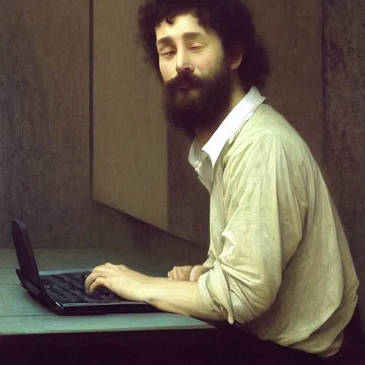 Prompt: an oil painting of an man playing a laptop, by Bouguereau, highly detailed and intricate,