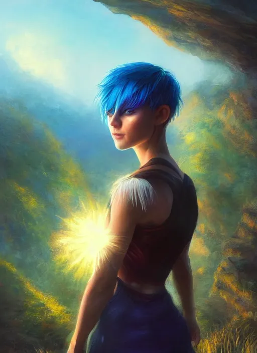 Prompt: girl with rainbow hair, pixie haircut, beautiful highly detailed face, complementary lighting, backlit, black eyeshadow, grinning, adventure, dramatic lighting, landscape background, beautiful painting by artgerm and greg rutkowski and raymond swanland