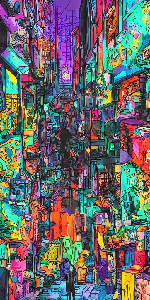 Image similar to person standing in a cyberpunk alley, pop art, markers, rtx, 8 k, ray tracing, highly detailed