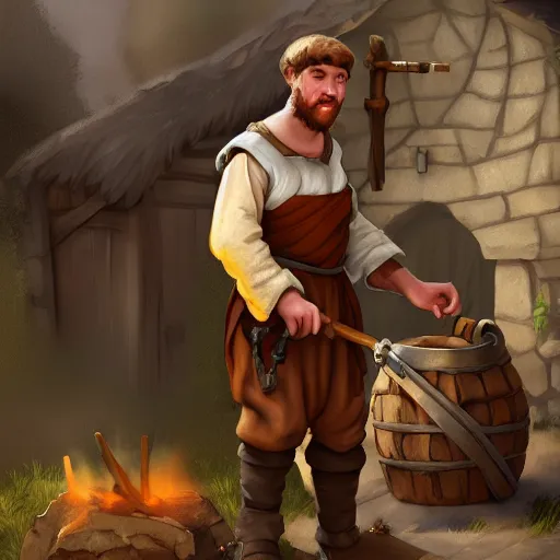 Image similar to medieval peasant boy at forge talking to blacksmith, artstation, fantasy