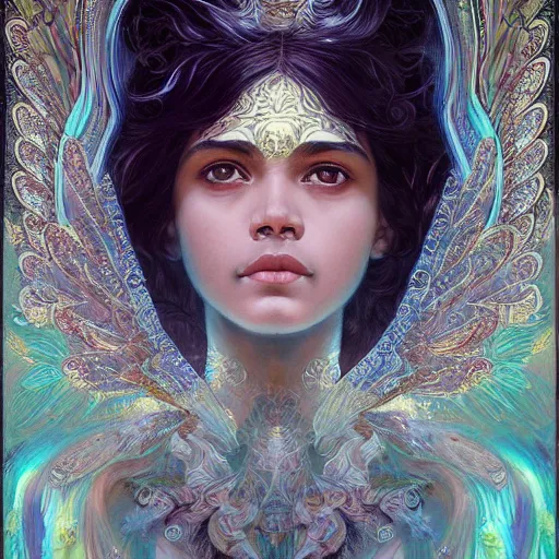 Image similar to Sri lankan girl as a winged angel covered in eyes with glowing halo, iridescent, seraphim, fantasy, intricate, elegant, highly detailed, digital painting, artstation, concept art, smooth, sharp focus, illustration, art by Krenz Cushart and Artem Demura and alphonse mucha