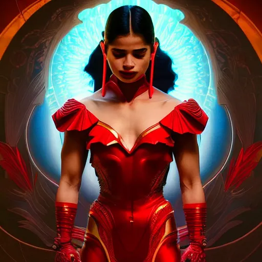 Prompt: anne curtis as darna, volumetric lights, red and cyan theme, art nouveau botanicals, intricate, highly detailed, digital painting, artstation, concept art, smooth, sharp focus, cinematic, illustration, beautiful face, art by artgerm and greg rutkowski and alphonse mucha