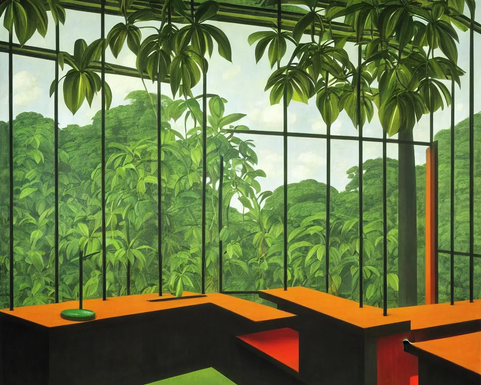 Prompt: a modernist courtroom in the rainforest by raphael, hopper, and rene magritte. detailed, proportional, romantic, vibrant, enchanting, achingly beautiful, graphic print, trending on artstation, jungle, tropical, foliage, white lilies