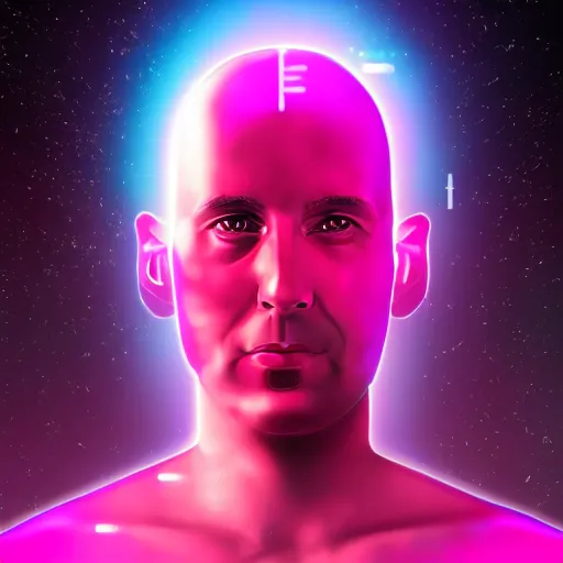 Prompt: portrait of a bald man, synthwave, universe background, nebula, galaxy, digital art