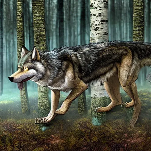 Image similar to chimera made of a wolf and a crocodile, awarded on pixiv, trending on deviantart, realistic birch wood swamp, professional photoshop utilizing real life photos