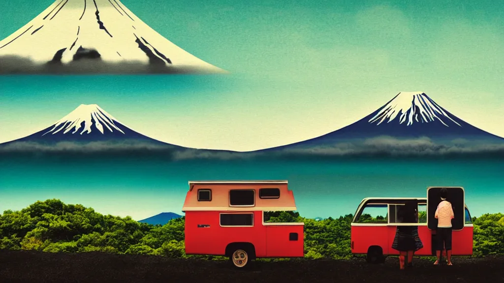 Image similar to a scene of two travellers and their camper touring overlook at the edge of yamanaka lake, reflecting mount fuji and a dramatic sky, japan, a collage painting, in the style of wes anderson, lola dupre, david hockney, isolated on negative white space background dark monochrome neon spraypaint accents volumetric octane render