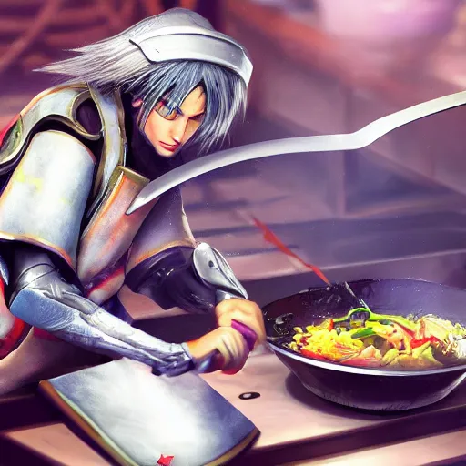 Prompt: Raiden Shogun cooking food, digital art, artstation, 4k, trending