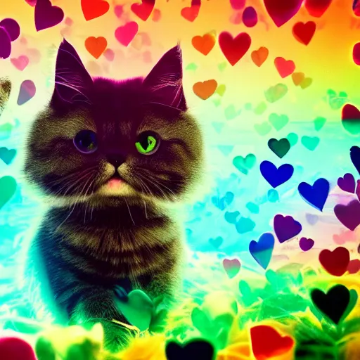 Prompt: an extremely cute cat made of hearts sending love to the quantum realm, octane render, happy colours