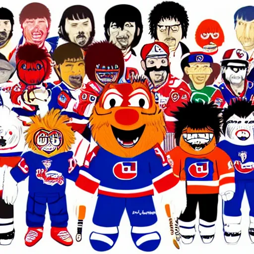 Image similar to illustration of youppi habs mascot in a gang with other nhl mascots by ilya kuvshinov katsuhiro otomo