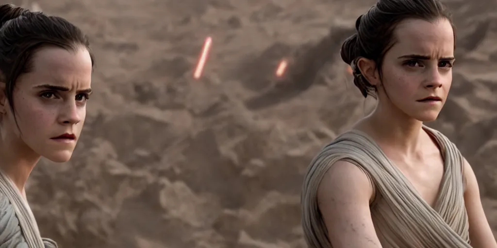 Image similar to emma watson as rey in the new star wars movie, cinematic, detailed, ultrawide