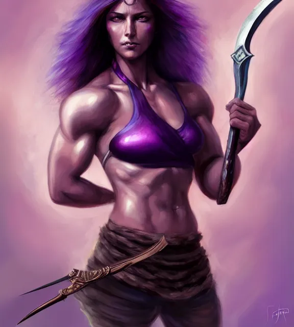 Image similar to muscular female warrior holding giant dagger, perfect face, diadem, black halter top, purple hair, abs, cinematic, blush, stunning, athletic, strong, agile, highly detailed, psychedelic, digital painting, artstation, smooth, hard focus, illustration, art by jessica rossier and and brian froud