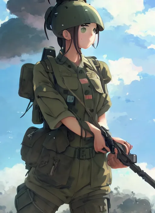 Prompt: portrait of cute soldier girl, cloudy sky background lush landscape illustration concept art anime key visual trending pixiv fanbox by wlop and greg rutkowski and makoto shinkai and studio ghibli and kyoto animation soldier clothing military gear realistic anatomy mechanized modern warfare hands