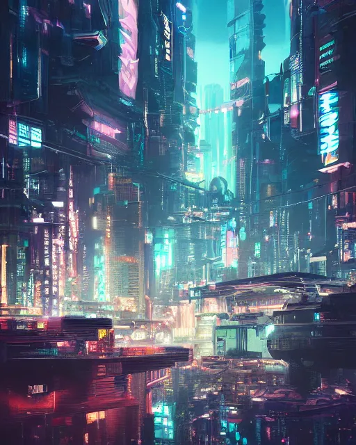 Image similar to cyberpunk city on a floating island at night by wlop, key visual, high detail, digital art