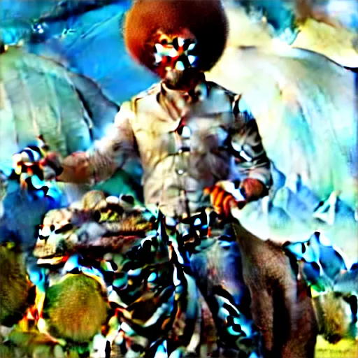 Image similar to bob ross!!! riding!!! a dinosaur!!, giant afro!, model pose, ultra realistic, concept art, intricate details, highly detailed, photorealistic, octane render, 8 k, unreal engine. art by artgerm and greg rutkowski and alphonse mucha