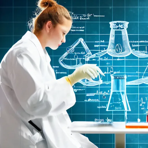 Prompt: a duck scientist in a lab looking at chemistry molecule diagrams on a screen, duck scientist wear a labcoat, duck sits at a table, super resolution, 8k