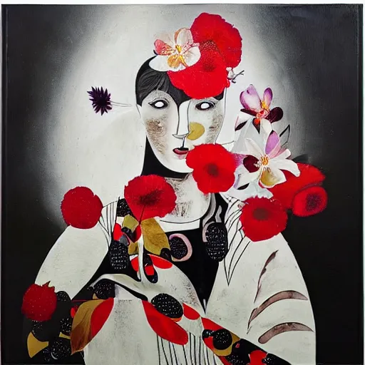 Image similar to “art in an Australian artist’s apartment, portrait of a woman wearing stained white cotton cloth, stained by fresh raspberries and strawberries and blueberries, white wax, edible flowers, Japanese pottery, Australian native white and red flowers ikebana, black walls, acrylic and spray paint and oilstick on canvas”