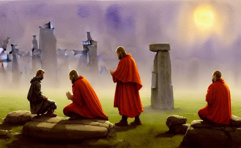 Image similar to a hyperrealist watercolour character concept art portrait of one small grey medieval monk and another giant orange medieval monk kneeling down in prayer in front of a complete stonehenge monument on a misty night. a huge stone is in the sky. by rebecca guay, michael kaluta, charles vess and jean moebius giraud