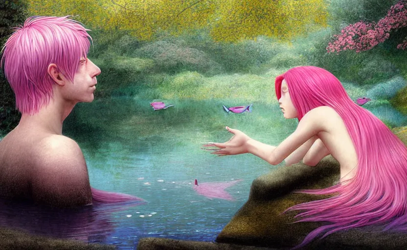 Image similar to harmony of pink haired merman backlit staring at black haired young man from across a pond, love at first sight, by alan lee, muted colors, springtime, colorful flowers & foliage in full bloom, sunlight filtering through trees & skin, digital art, art station cfg _ scale 9