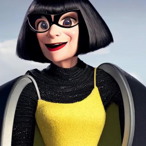 Image similar to a still of Edna Mode wearing a cape and looking unhappy about it, Pixar (2018)