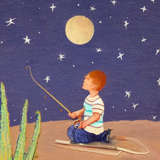 Image similar to a kid sitting on a half moon and fishing the stars