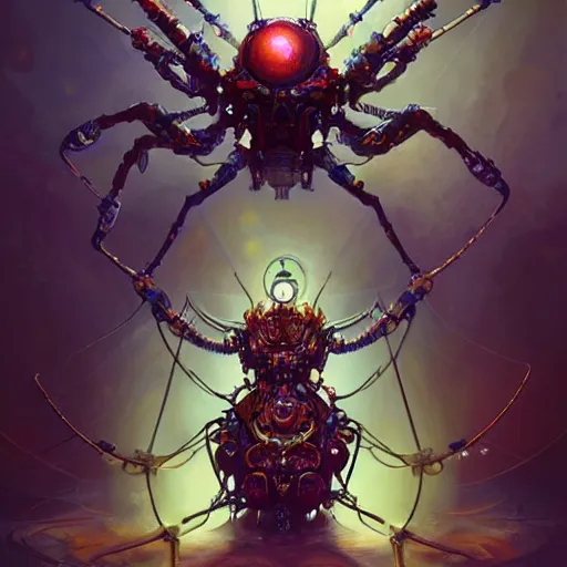 Image similar to biomechanical spider king, cyberpunk, bionics, augments, lights, cables, elegant gleaming intricate baroque jewellery, colorful, vivid, imposing, epic, digital painting, artstation, concept art, by peter mohrbacher and wlop and rhads,