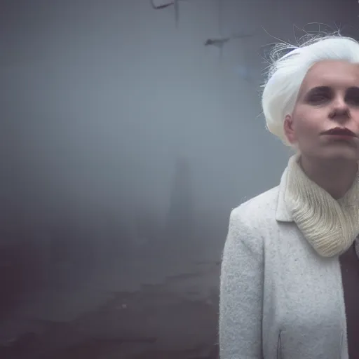 Prompt: woman with white hair in an industrial soviet city, air pollution, fog, dslr 5 0 mm portrait photo