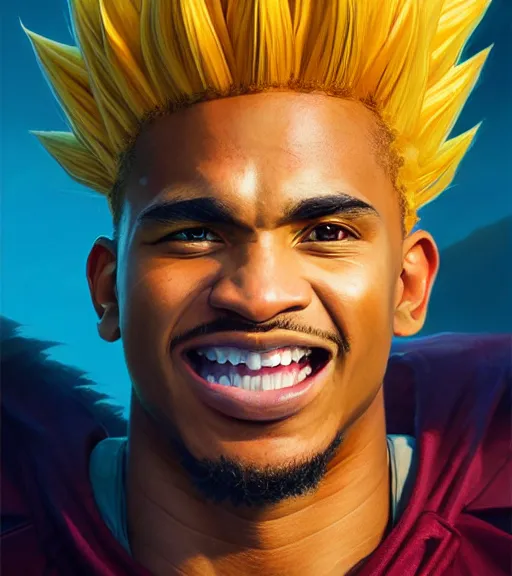 Image similar to highly detailed portrait of super saiyan jalen hurts, philadelphia eagles football, unreal engine, fantasy art by greg rutkowski, loish, rhads, ferdinand knab, makoto shinkai and lois van baarle, ilya kuvshinov, rossdraws, tom bagshaw, global illumination, radiant light, detailed and intricate environment