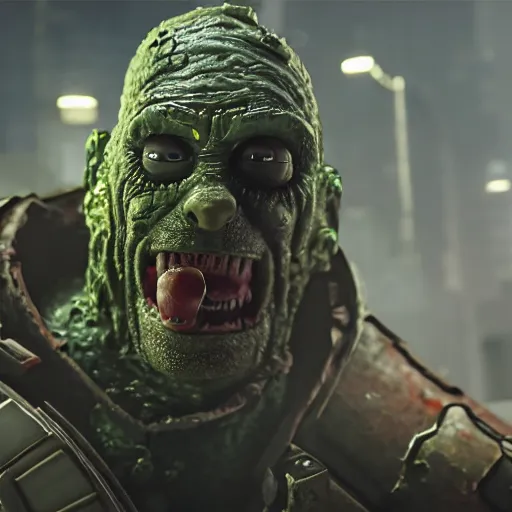 Image similar to pickle rick as superman! flying in ( gears of war ), splash art, movie still, detailed face, photo realistic facial features, cinematic lighting, dramatic, octane render, long lens, shallow depth of field, bokeh, anamorphic lens flare, 8 k, hyper detailed, 3 5 mm film grain