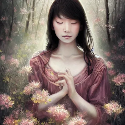 Image similar to detailed portrait of japanese girl in a spring, spring light, painting by lise deharme