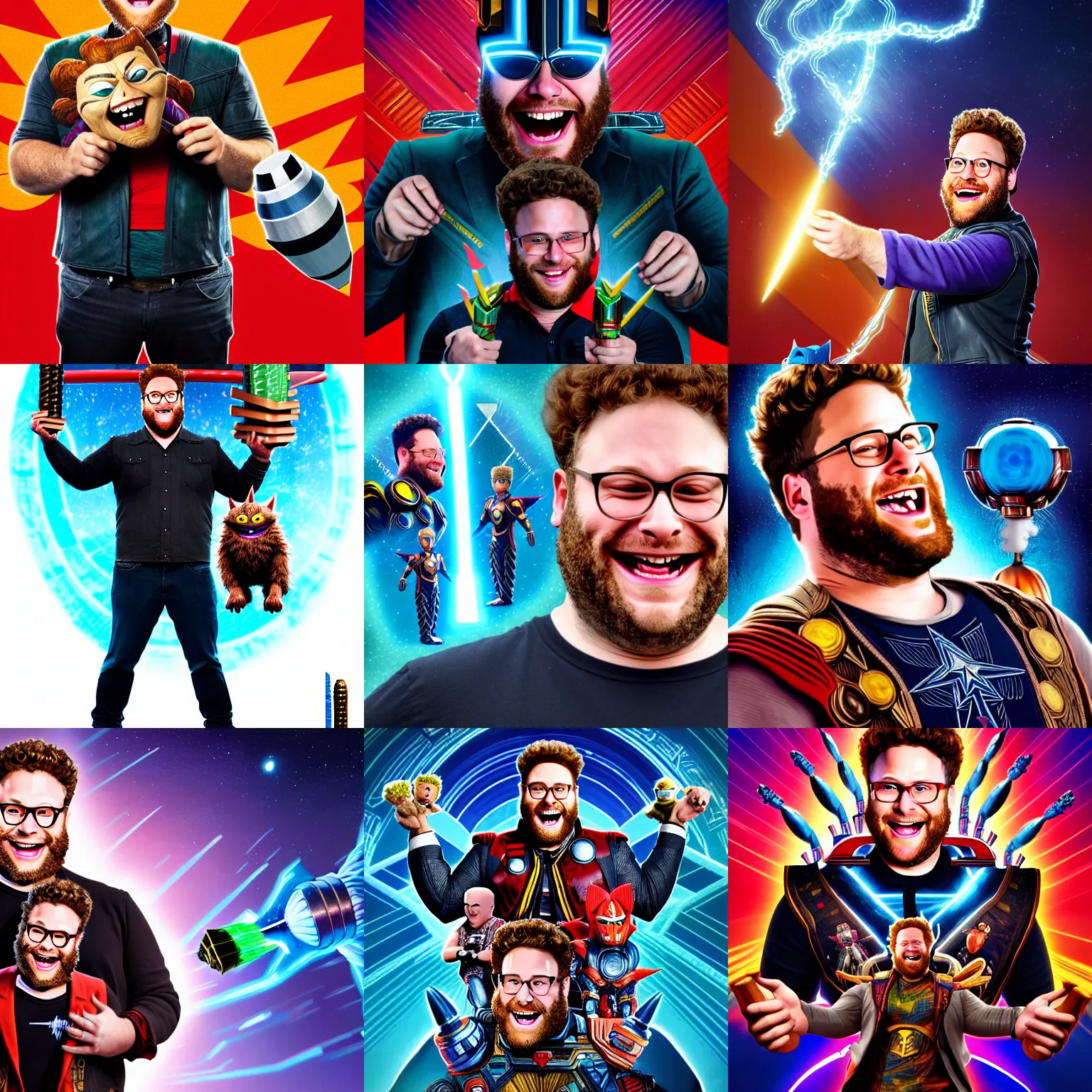 Prompt: an intricate digital artof a laughing seth rogen holding rocketracoon in the style of the movie thor ragnarok ( 2 0 1 7 ) and mobius, escher, junji ito, detailed, cinematic, studio lighting, magic realism, artstationhq, unreal engine 5, volumetric fog, volumetric light