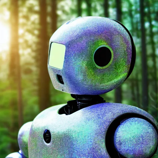 Image similar to ”detailed robot in beautiful forest in the sunrise”