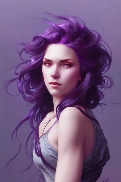 Image similar to Purple hair, highly detailed, digital painting, artstation, concept art, smooth, sharp focus, illustration, art by artgerm and greg rutkowski and alphonse mucha