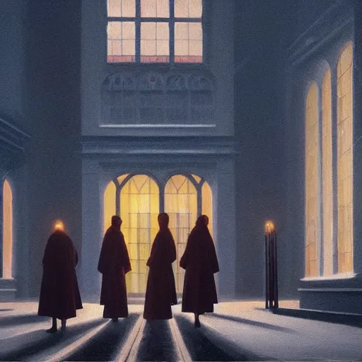 Prompt: a cult summoning a glowing ghost at night in the world of Edward Hopper, black robes, church, stormy snowy weather, extremely detailed masterpiece, oil on canvas, low-key neon lighting, artstation, Blade Runner 2049, Roger Deakin’s cinematography, by J. C. Leyendecker and Peter Paul Rubens,