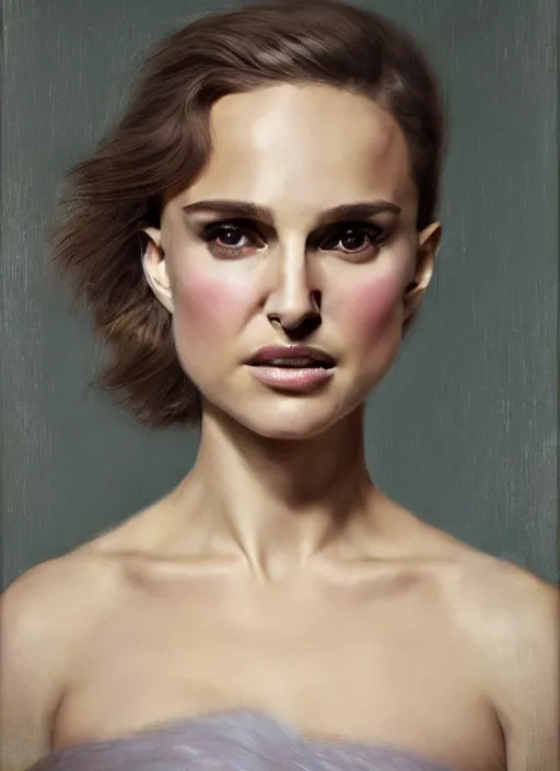 Prompt: a detailed portrait of natalie portman by edouard bisson, pink hair, punk rock, looking at the camera, oil painting, muted colours, soft lighting