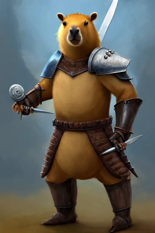 Image similar to an anthropomorphic capybara that is wearing full iron plate armor, a capybara that is dual wielding broadswords, as a matte oil painting and d & d art, standing, fullbody, blue magic, sharp focus, award - winning, extremely detailed, 4 k,