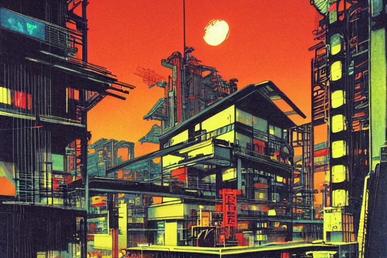 Image similar to 1979 Popular science Magazine Cover of a warehouse in neo-Tokyo in cyberpunk style by Vincent Di Fate