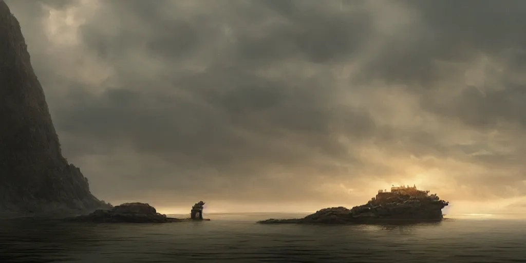 Image similar to an island, cinematic cinematography masterpiece, greg rutkowski, and ivan aivazovski, roger deakins