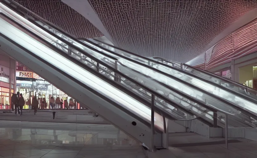 Image similar to many escalators leading up to a large mall exterior, neon lights, fog, octane render